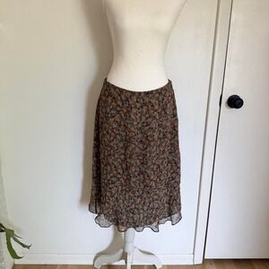 Brown floral silk boho  midi skirt with ruffle hem